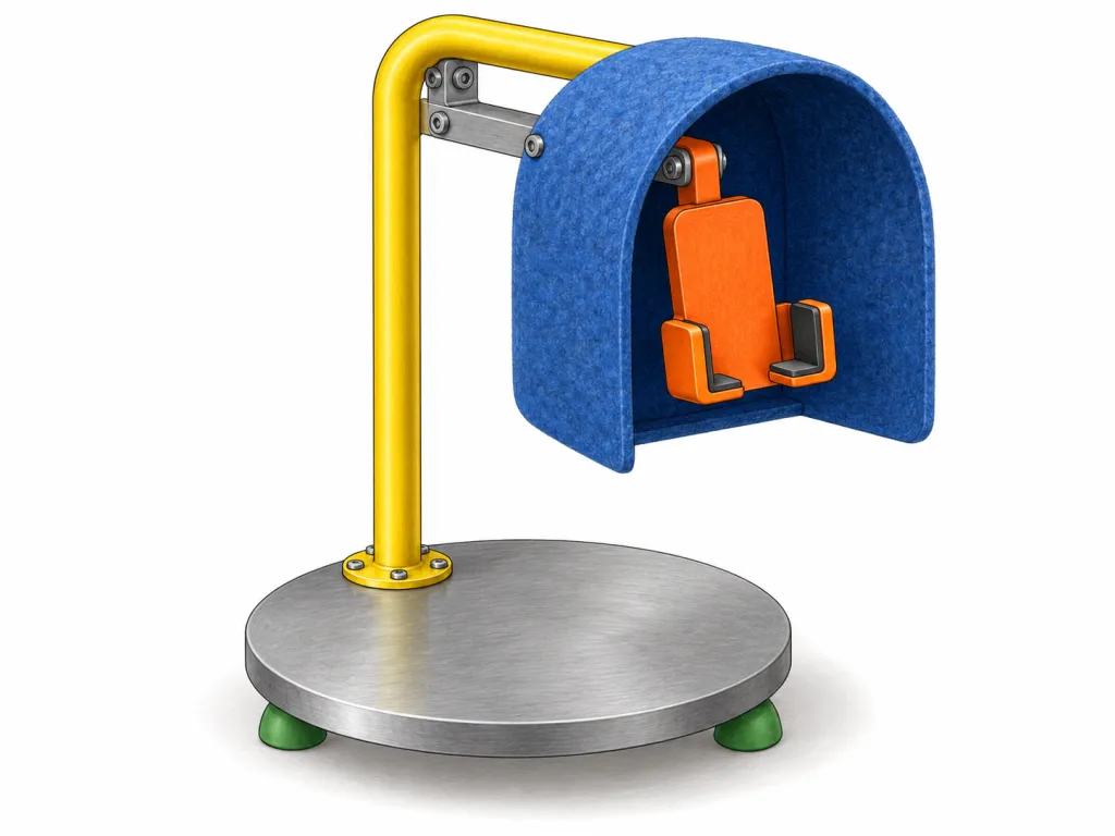 Show one unusual phone support on a plain white background, with no phone installed. It is 40 cm tall. A circular grey metal base, 25 cm across, rests on three green rubber feet. A yellow metal pole rises from the rear of the base and bends forward at the top. A blue felt hood hangs from this forward arm. The hood resembles a short tunnel with a rounded roof, an open front and a closed back; its interior is also blue. Inside the hood, an orange phone clamp connects to the forward arm of the pole through a short horizontal grey bracket. Show the joins unobstructed. Include no text, labels, logos or brand names.