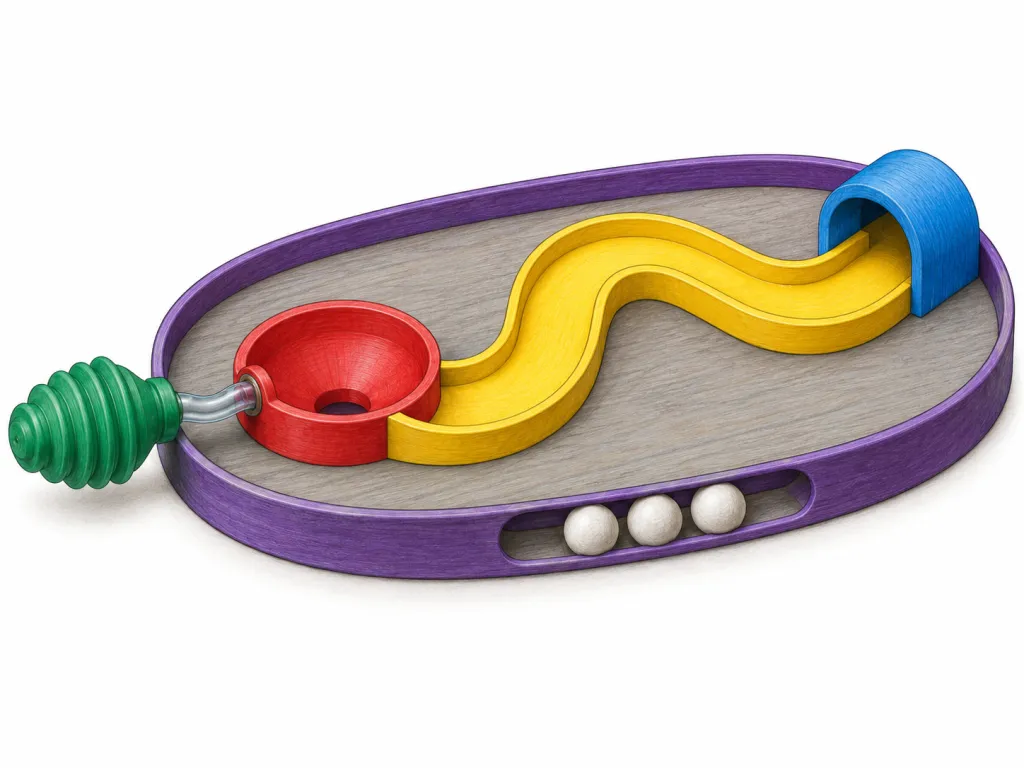 Illustrate one invented tabletop game on a plain white background. Its body is a shallow oval grey wooden tray, 55 cm long and 30 cm wide, surrounded by a low purple rim. A yellow S-shaped channel with raised sides runs across the tray. It connects a round red recessed cup at the left end to a short blue arched tunnel at the right. A green accordion-shaped rubber bulb projects from the outside of the left end. A short transparent plastic tube connects the bulb to the side of the red cup. Three white wooden balls rest in a shallow storage groove along the front rim. Include no writing, numbers, labels, logos or brand names.