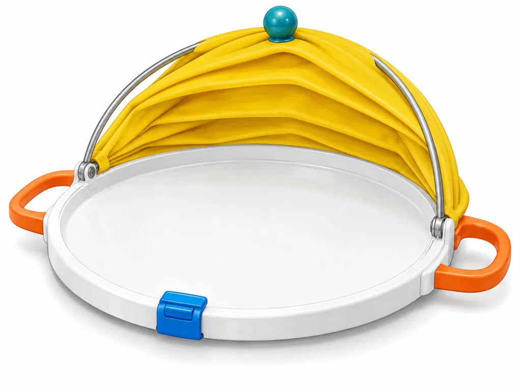 Illustrate one unusual food carrier against a plain white background. A rigid white circular plastic platter, 50 cm across, forms its base. Two orange horizontal loop handles project from opposite sides. A yellow silicone canopy with deep accordion folds covers the platter, supported by two curved silver metal ribs hinged to opposite edges. The canopy folds toward the back; show it partly retracted so the empty platter is visible. Fully raised, it would form a dome 25 cm high. A round teal knob is attached to the canopy's highest fold. A blue rectangular latch sits on the front rim. Include no food, text, labels, logos or brand names.