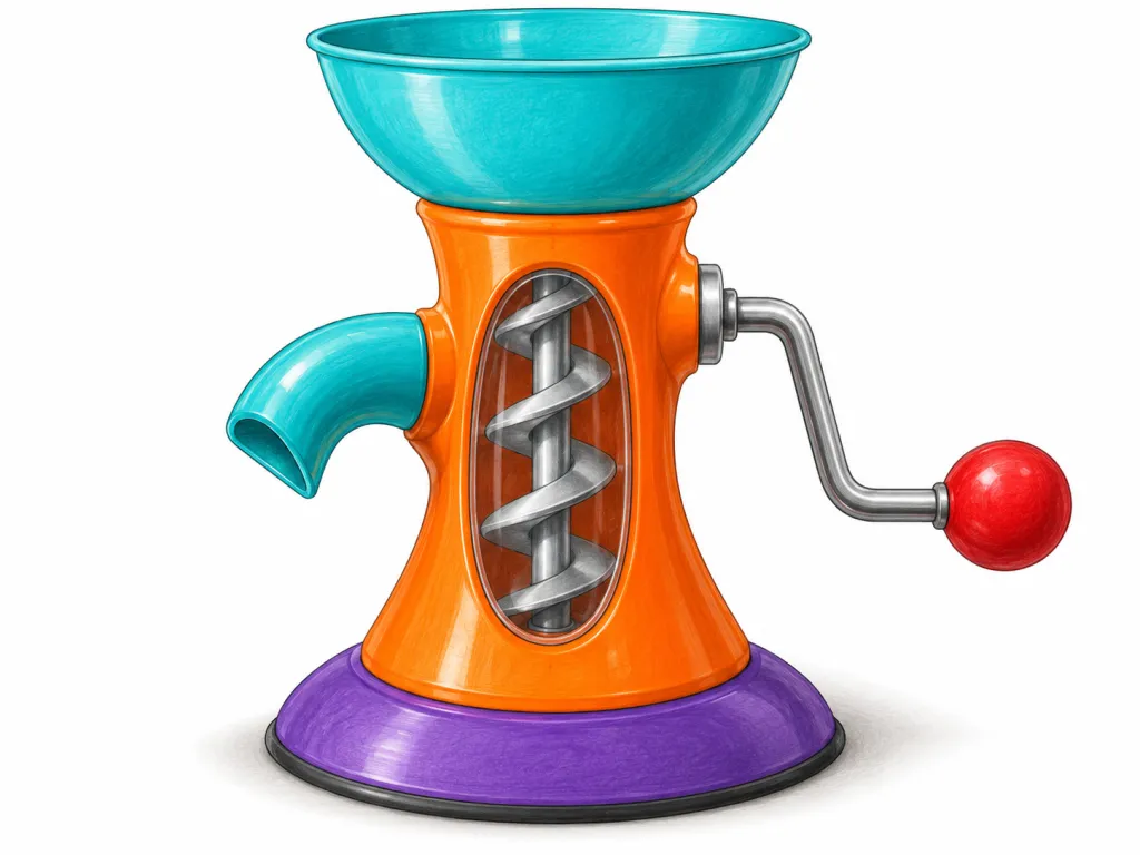 Create one invented hand-operated kitchen gadget on a plain white background. It has an orange plastic body shaped like an hourglass, 35 cm tall, mounted on a broad purple oval suction base measuring 22 cm across. A turquoise bowl-shaped funnel is fixed to the top. An oval transparent window in the front reveals a silver metal spiral running vertically inside the body. A silver crank projects from the right side, ending in a red spherical grip. A short turquoise outlet, shaped like a downward-curving crescent, projects from the left side. Show all connections clearly in a three-quarter view. Include no ingredients, text, labels, logos or brand names.
