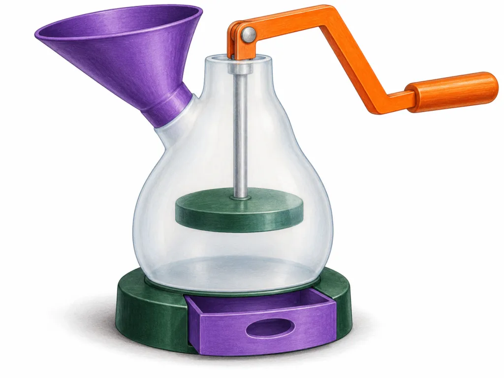 Draw a single invented kitchen device on a plain white background. A frosted-white pear-shaped chamber, 45 cm tall, stands on a flat dark-green circular base, 30 cm wide. Inside the chamber, visible through its translucent wall, is a dark-green circular pressing plate. A silver vertical rod connects the plate to an orange zigzag lever above the chamber. The lever is attached at the top by a silver hinge. A wide purple funnel projects upward and outward from the chamber's upper left side. A shallow purple drawer fits directly beneath the chamber and has an oval finger opening in its front. Show no contents, cords, text, labels, logos or brand names.