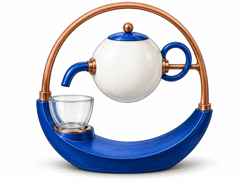 Illustrate one integrated tea-serving device on a plain white background. A cobalt-blue crescent-shaped base, 30 cm wide, supports a copper arch rising 45 cm above it. The arch connects to both ends of the crescent. A white spherical ceramic teapot, 15 cm in diameter, hangs within the arch on a horizontal copper axle attached to its two sides. Its short cobalt-blue spout curves down toward the left. A cobalt-blue loop handle projects from the right. A circular blue lid with a small copper knob sits on top. A single transparent glass cup is fixed to the left side of the base beneath the spout. Include no liquid, text, labels, logos or brand names.