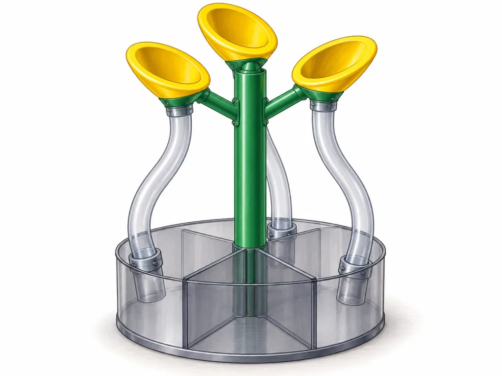 Draw one invented recycling sorter on a plain white background. It resembles a large mechanical flower, measuring 60 cm tall overall. Its circular, translucent grey plastic base is 40 cm across and divided into three visible compartments by straight internal partitions. A green metal column rises from the centre. Three short green branches extend outwards near the top, each supporting a yellow oval opening that tilts upwards. A separate clear plastic tube connects the underside of each opening to one compartment in the base. The tubes curve down around the outside of the column, and all three connections should be visible. Show no loose recycling, text, labels, logos or brand names.