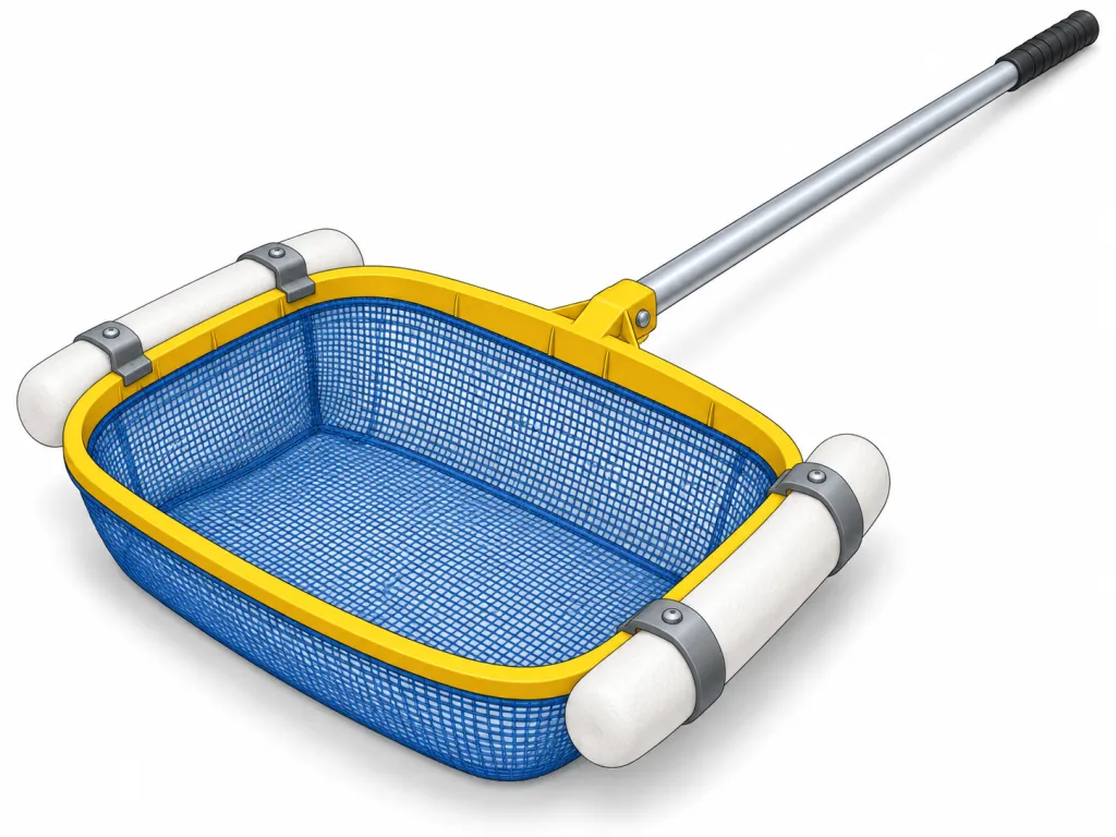 Depict a single invented pond-cleaning scoop against plain white. A yellow plastic oval rim surrounds a blue mesh basket, measuring 50 cm from left to right, 35 cm from front to back and 12 cm deep. Two sealed white foam cylinders run along the outside of the basket, one on either side. Each cylinder is fastened to the yellow rim by two grey brackets. A straight silver metal pole, 120 cm long, projects backwards from the centre of the rim's rear edge. Its free end has a black rubber grip. Angle the object to reveal the mesh, both cylinders and every connection. Include no leaves, water, writing, labels, logos or brand names.