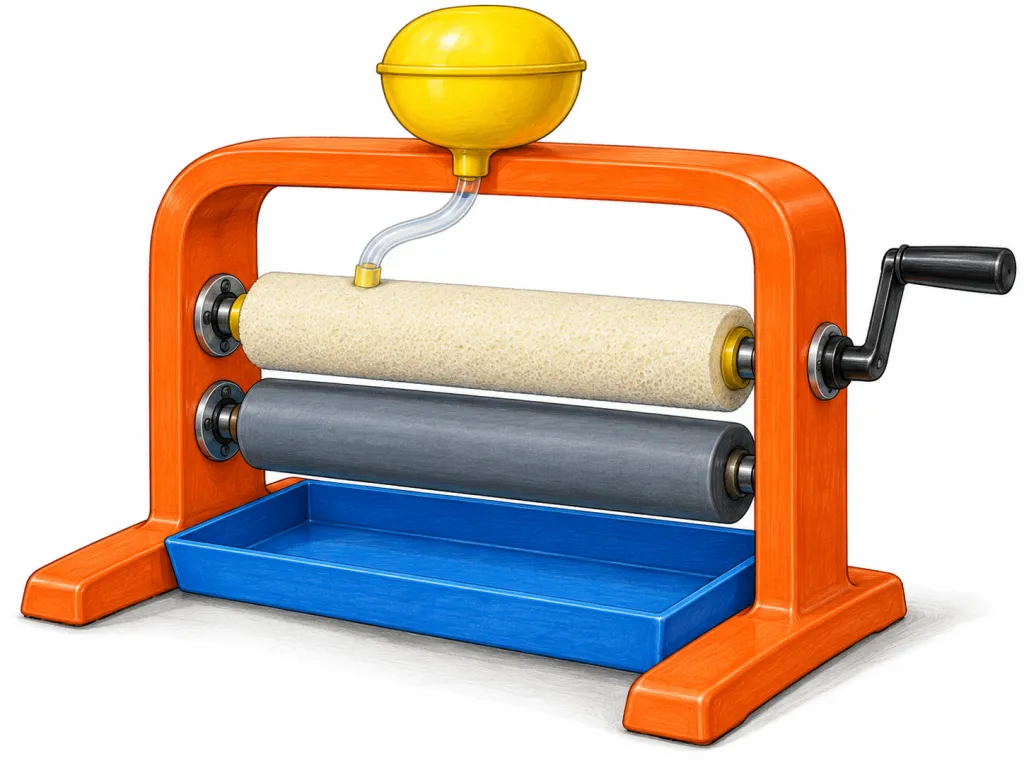 Draw one invented envelope-sealing tool on a plain white background, measuring 35 cm long, 18 cm wide and 25 cm tall overall. An orange plastic frame forms an inverted U and stands on two flat orange feet. A blue rectangular tray passes between the feet beneath two horizontal rollers stacked one above the other. Both ends of each roller attach to the upright sides of the frame. The upper roller is covered in cream sponge; the lower one is grey rubber. A yellow hemispherical reservoir sits atop the arch. A clear curved tube connects its underside to the upper roller. A black crank projects from the frame's right side, aligned with the upper roller. Include no envelopes, text, labels, logos or brand names.