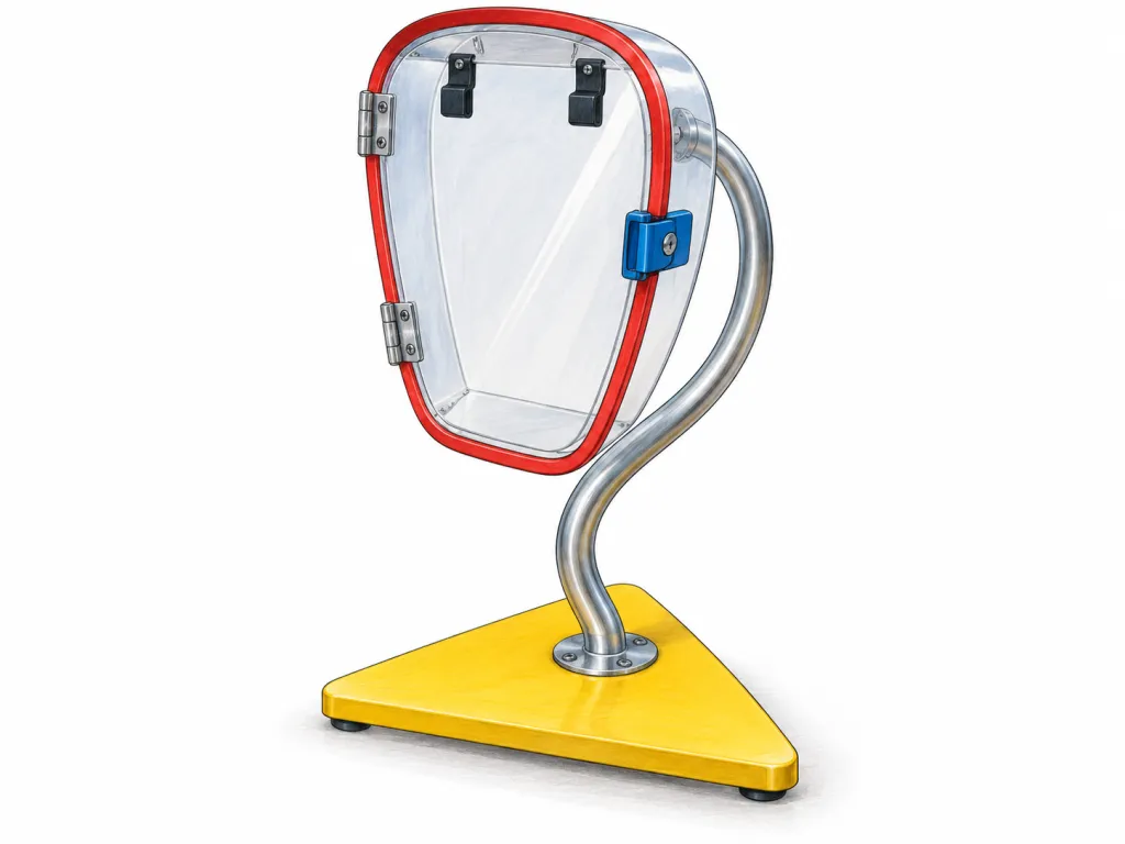 Draw one invented freestanding document holder on a plain white background, 80 cm tall overall and 40 cm wide. Its upper section is a transparent acrylic case shaped like a broad teardrop, rounded at the top and narrowing towards the bottom. A red rubber seal follows its entire edge. The clear front panel is attached by two silver hinges on the left and secured by a blue latch on the right. Two black clips are visible inside near the top. A silver metal tube shaped like an elongated S connects the back of the case to a flat yellow triangular base, 40 cm across. Show the case slightly angled so the support is visible. Include no document, text, labels, logos or brand names.