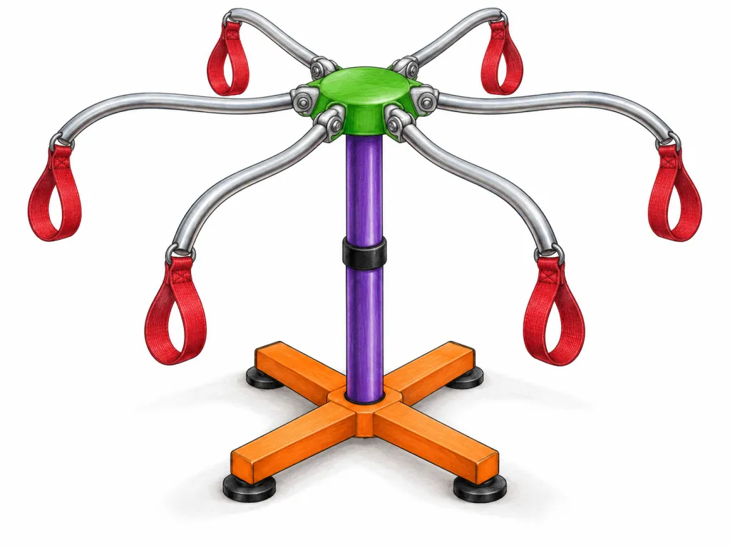 Illustrate one invented group exercise device on a plain white background. It resembles a small metal tree, 80 cm tall and 90 cm wide with its arms extended. An orange cross-shaped base measures 40 cm across, with a black rubber pad beneath each of its four ends. A vertical purple pole rises from the centre and consists of two sections joined by a black collar halfway up. A green circular hub sits at the top. Six silver metal arms attach to the hub with visible hinges, curve outwards and slightly downwards, and end in red fabric loops. Show all six arms and their connections clearly. Include no people, separate accessories, text, labels, logos or brand names.