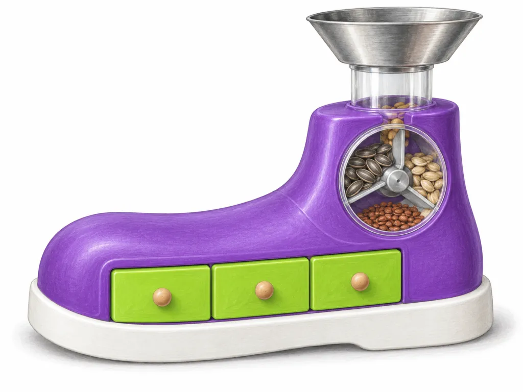 Show one invented seed-sorting device on a plain white background, viewed from the front and slightly above. Its body resembles a short boot, approximately 35 cm long and 20 cm high, made of matte purple plastic. The rounded toe points left; the upright ankle is on the right. A thick, flat white sole supports the whole object. Three lime-green rectangular drawers sit side by side along the visible outer foot, each with a small round wooden knob. A circular transparent window occupies the ankle. Above the ankle, a shallow silver metal funnel connects to the body through a short transparent tube. Include no text, labels, logos or brand names.