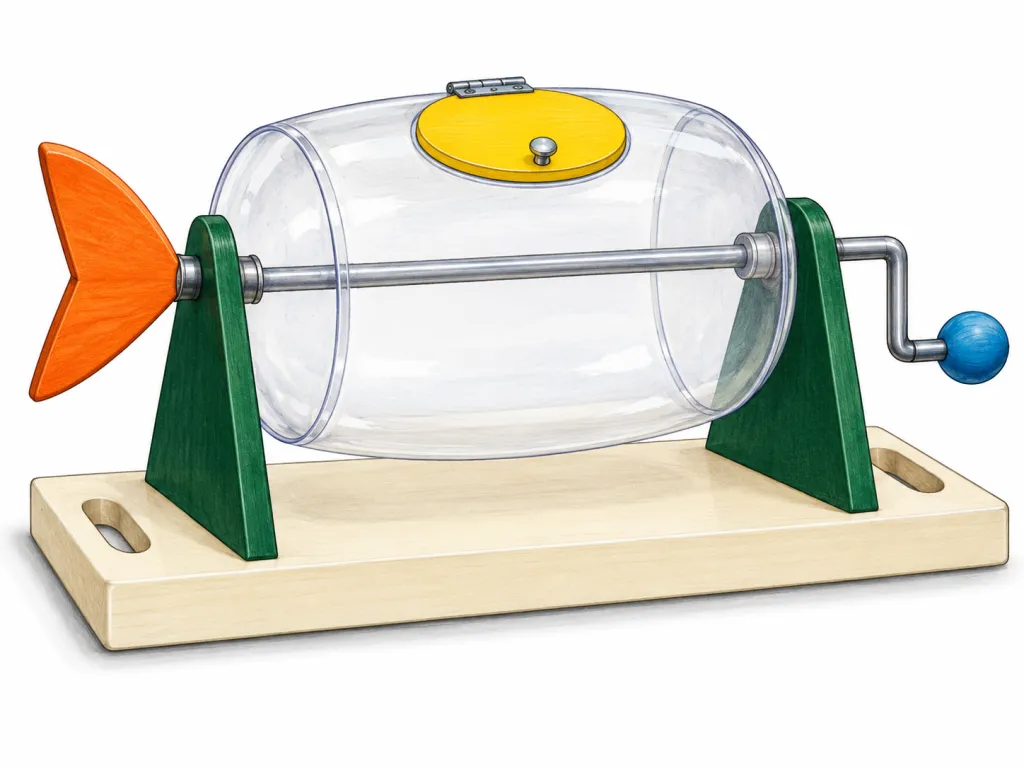 Draw one invented raffle mixer on a plain white background, approximately 45 cm in length and 30 cm in height overall. A transparent oval acrylic drum is suspended horizontally between two dark green triangular supports mounted on a cream rectangular wooden base. A silver axle runs lengthwise through the drum and rests in the supports, allowing the drum to rotate. Beyond the left support, an orange triangular fish tail attaches to the axle. Beyond the right support, a silver L-shaped crank ends in a round blue wooden knob. A circular yellow hatch lid, attached by a small silver hinge, sits on the drum’s upper surface. Two oval carrying holes are cut through opposite ends of the base. Include no text, labels, logos or brand names.