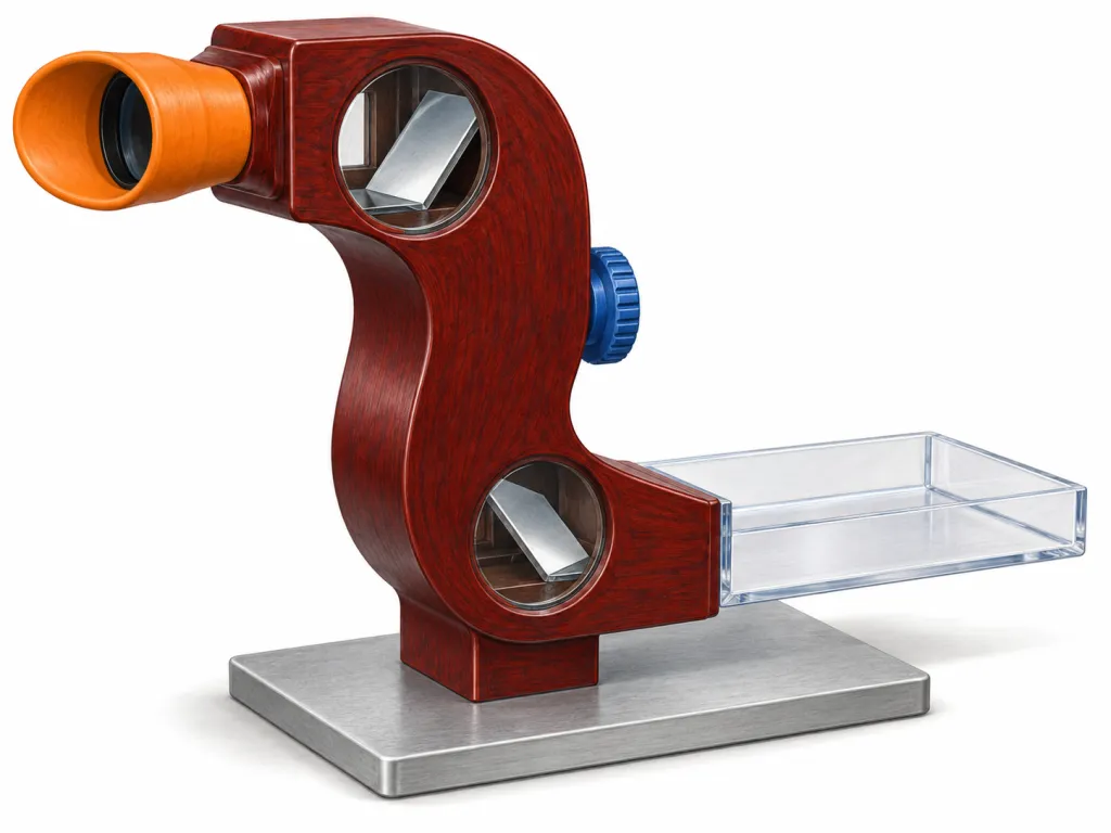 Depict one invented tabletop photo viewer against a plain white background, approximately 45 cm high and 30 cm wide overall. Its dark red wooden housing forms a thick upright S, with the upper bend extending left and the lower bend extending right. The housing is fixed to a broad, flat, light grey rectangular metal base. An orange oval eyepiece projects horizontally from the upper left end. A shallow transparent acrylic tray extends rightward from the housing’s lower end, directly above the base; show its empty, flat bottom. Two round inspection windows in the housing, one at each bend, reveal a slanted silver mirror inside each bend. A blue ribbed wheel attaches halfway down the housing’s right side. No wires, plugs, text, labels, logos or brand names.