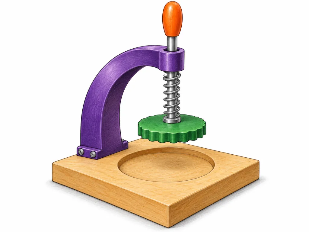 Create one invented tabletop printing press on a plain white background, approximately 30 cm tall. Its base is a square slab of sand-coloured wood, 25 cm across, with a shallow circular recess in the centre. A thick purple metal arch rises from the rear edge and curves forward like a bird’s long neck. The arch supports a vertical silver rod passing through its forward tip. An orange oval handle sits at the rod’s upper end, above the arch. Below the arch, an exposed silver coil spring surrounds the rod. A flat green rubber disc with a scalloped edge attaches horizontally to the rod’s bottom, suspended 4 cm above the circular recess. No text, labels, logos or brand names.