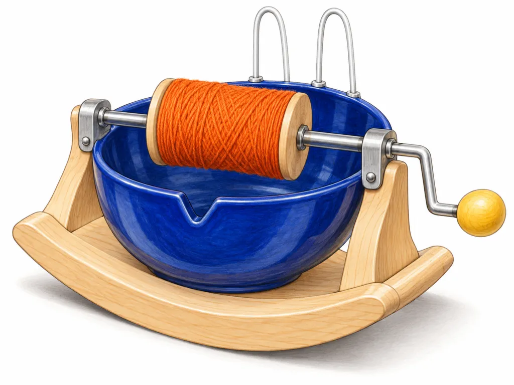 Show one invented yarn-winding device against a plain white background, approximately 30 cm wide and 25 cm high. A deep cobalt-blue ceramic bowl is fixed to a smooth pale wooden rocker whose underside curves from left to right. A horizontal silver spindle bridges the bowl’s rim. A wide orange spool sits at the spindle’s centre, above the bowl’s opening. On the right, the spindle extends into a silver L-shaped crank ending in a round yellow wooden knob. Two tall white wire loops rise side by side from the bowl’s rear rim. A small triangular notch is cut into the front rim. Present a three-quarter view that shows all connections clearly. Include no text, labels, logos or brand names.