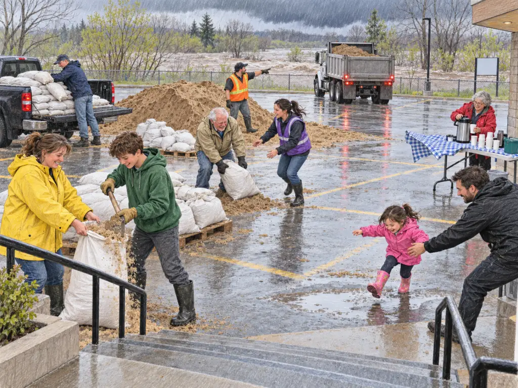 View from a community centre's steps in Windsor; its parking lot is now a sandbag station during spring flooding. April morning, light drizzle, darker clouds rolling in; a swollen creek flows beyond the back fence. Left foreground: a woman in her forties in a yellow raincoat holds a sack open while a teenage boy in a green hoodie shovels sand into it, both grinning; sand spills over the top. Left background: a man in his fifties in a navy jacket stacks sandbags on a pickup's tailgate; the top bag is sliding off. Centre: an elderly man in a tan rain jacket strains to lift a sandbag, red-faced, as a young woman in a purple volunteer vest hurries toward him. Centre background: a man in his thirties in an orange safety vest points worriedly at the almost-empty sand pile while a dump truck reverses toward it. Right: a woman in her sixties in a red jacket pours hot drinks at a folding table; a gust lifts the tablecloth under stacked paper cups. Right foreground: a girl of six in pink rain boots leaps toward a puddle while her father, in black, reaches for her arm.