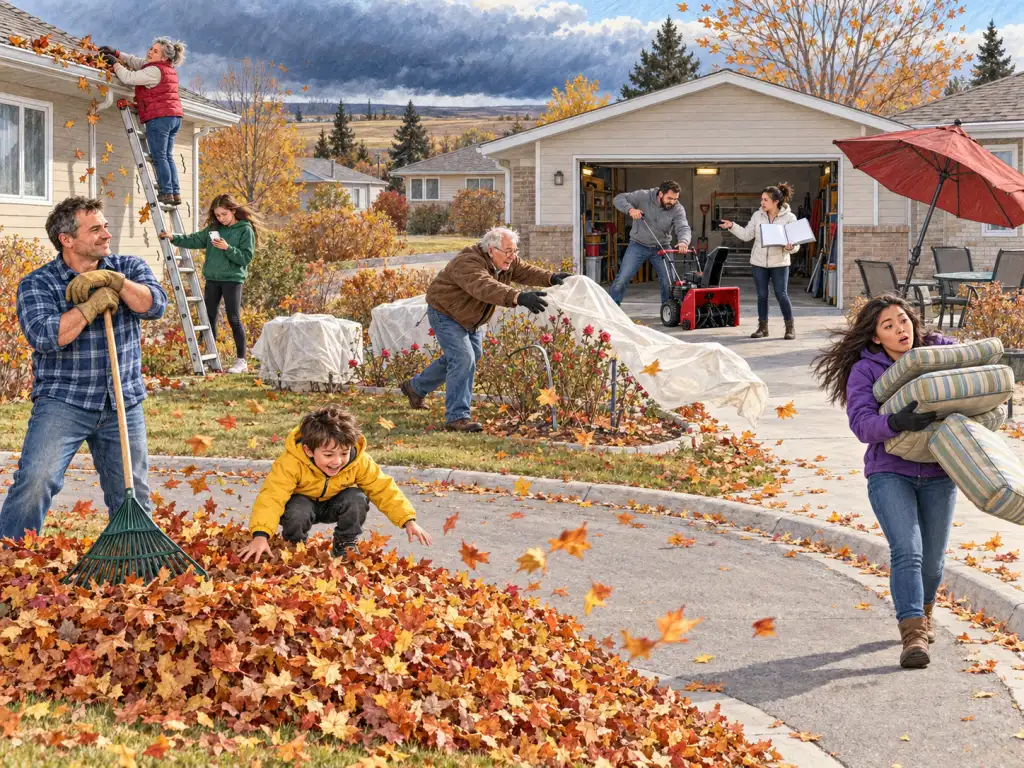 View down a cul-de-sac of bungalows in Medicine Hat on a sunny but windy late-October Saturday; a band of dark snow clouds sits on the western horizon. Left foreground: a man in his forties in a blue flannel shirt leans proudly on his rake beside a huge leaf pile, while a boy of six in a yellow jacket crouches, ready to jump in; a gust is lifting leaves off the top. Left background: a woman in her fifties in a red vest stands on a ladder clearing an eavestrough; the ladder is wobbling, and the teenage girl in a green hoodie holding it is looking at her phone. Centre: an elderly man in a brown jacket chases a frost cover flapping loose from his rose bushes, looking exasperated. Centre background: in an open garage, a couple in their thirties, he in grey, she in white, disagree over a snow blower; he tugs the starter cord while she points at the manual. Right foreground: a young woman in a purple jacket carries an armful of patio cushions, one slipping from her grip; behind her, an open patio umbrella rocks in the wind.