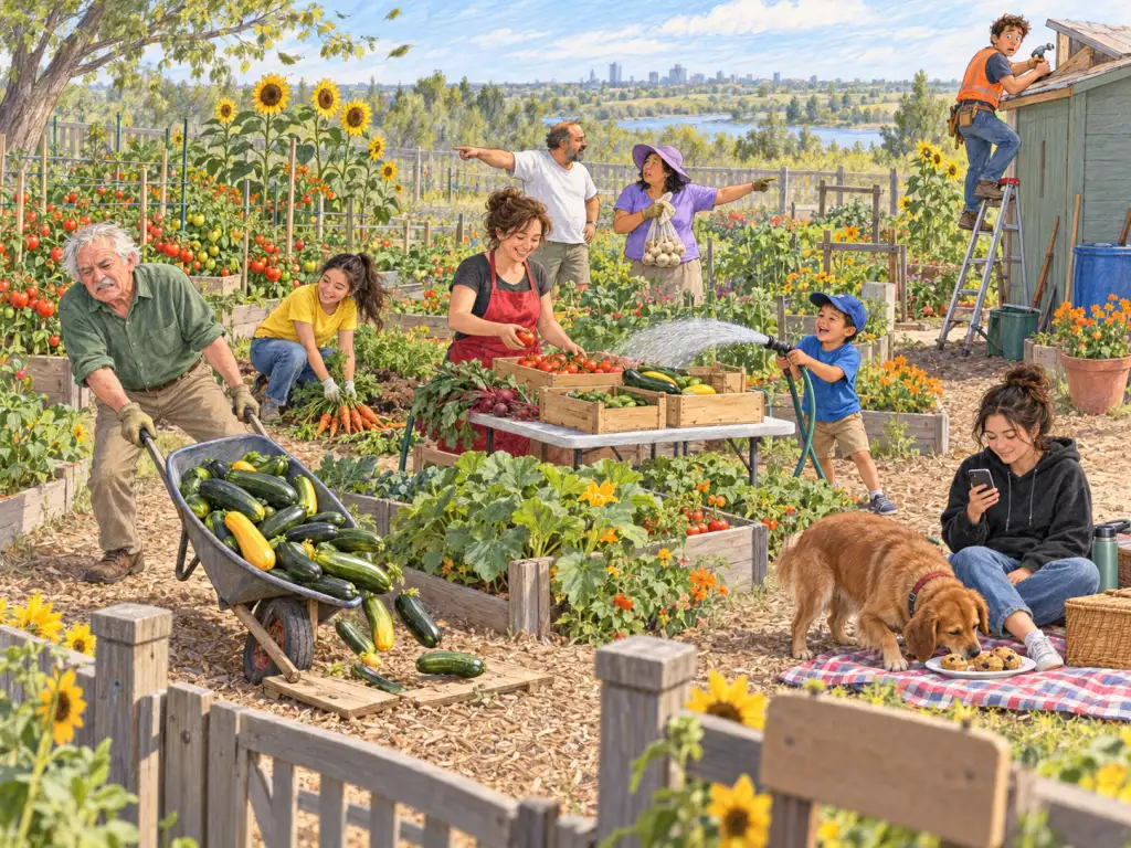 View from the gate of a Saskatoon community garden on a hot, breezy late-August afternoon during a volunteer harvest day; raised beds overflow with tomatoes, squash and sunflowers. Left foreground: a grey-haired man in his seventies in a green shirt pushes a wheelbarrow piled with zucchini; it tips sideways on a loose board; he looks strained. Behind him, a teenage girl in a yellow T-shirt kneels and pulls carrots, smiling. Centre: a woman in her forties in a red apron happily sorts vegetables into crates on a folding table. Beside the table, a boy of about six in a blue cap laughs as he grabs a hose spraying toward the crates. Centre background: a middle-aged couple, he in a white shirt, she in a purple sun hat clutching a bag of garlic bulbs, point in opposite directions, disagreeing where to plant them. Right background: a young man in an orange vest stands on a stepladder fixing the shed roof; the ladder wobbles on soft soil and he looks nervous. Right foreground: a brown dog sniffs a plate of muffins on a picnic blanket while its owner, a woman in her twenties in a black hoodie, checks her phone.