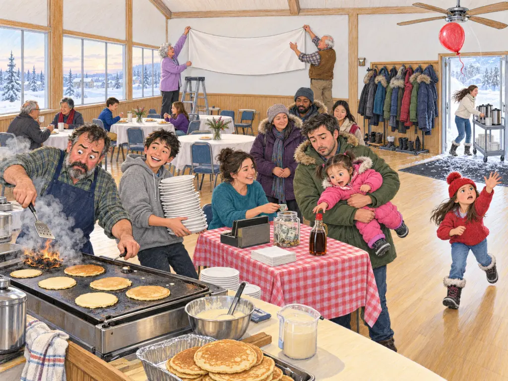 View from the stage across a community hall in Yellowknife during a pancake breakfast fundraiser on a frosty February morning; a coat rack by the right-hand door leans under heavy parkas. Left foreground: a bearded man in his fifties in a navy apron flips pancakes on a griddle, looking flustered as smoke rises from one burning batch. Beside him, a grinning teenage boy in a grey hoodie carries a tall, tilting stack of plates. Centre: a woman in her thirties in a teal sweater cheerfully collects donations at a cash table. At the front of the line, a distracted father in his thirties in a green parka holds an eager toddler girl in a pink snowsuit who reaches for an open syrup bottle on the table's edge. Centre background: an elderly woman in a lavender cardigan and an older man in a brown vest argue over where to hang a blank banner, each holding one end. Right: a young woman in a white sweater hurries through that door pushing a cart of coffee urns, letting snow blow in. Right foreground: a frowning girl of about ten in a red toque chases a balloon drifting toward a ceiling fan.
