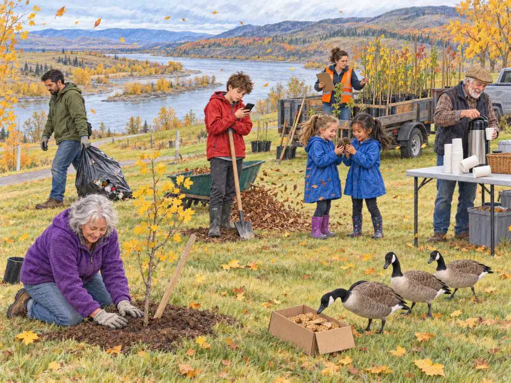View from a grassy hill over a park along the river in Kamloops on a cool, gusty October Saturday morning during a volunteer tree-planting and cleanup day; yellow leaves swirl. Left foreground: a woman in her sixties in a purple fleece kneels beside a sapling, patting soil proudly, while her wooden stake leans badly. Behind her, a man in his thirties in an olive-green jacket drags a bulging garbage bag that has started to tear at the bottom; he hasn't noticed. Centre: a teenage boy in a red rain jacket, bored, leans on a shovel and scrolls on his phone while a mulch pile beside him blows away. Next to him, two girls of about eight in matching blue raincoats excitedly show each other the pinecones they've collected. Centre background: a volunteer coordinator, a woman in her forties in an orange vest holding a clipboard, looks stressed as she counts saplings on a trailer. Right: a smiling elderly man in a tan flat cap hands out coffee from a folding table, where a stack of paper cups is about to blow over. Right foreground: three Canada geese waddle toward an open box of granola bars on the grass.
