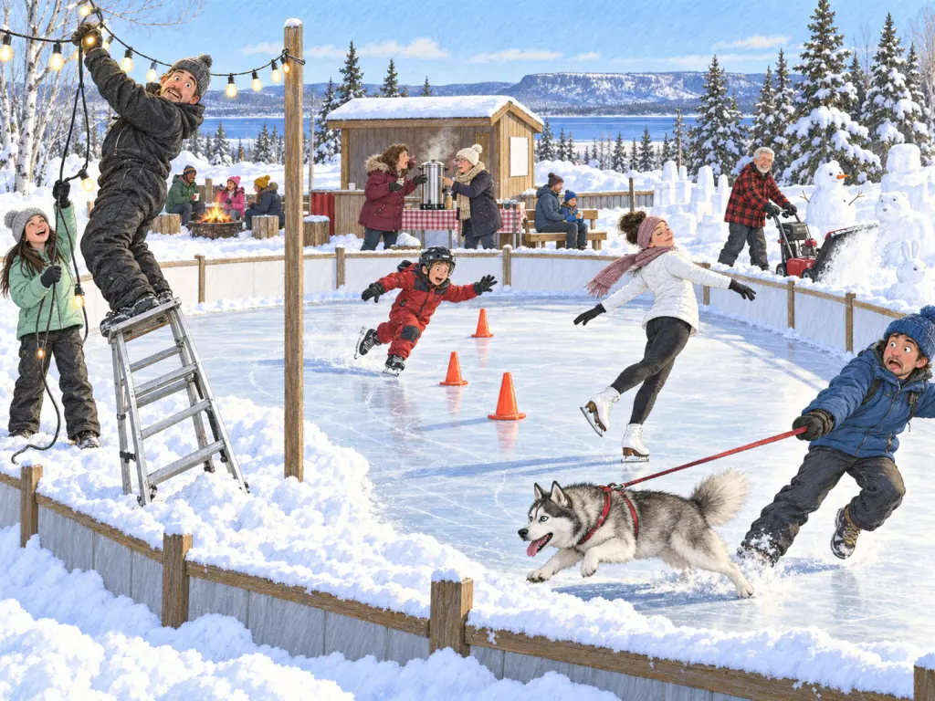 View from a snowbank beside an outdoor community rink in Thunder Bay on a sunny, bitterly cold January afternoon during a neighbourhood winter carnival; a warming hut stands at the back. Left foreground: a man in his forties in a black snowsuit balances on a stepladder hanging a string of lights between two poles, stretching too far as the ladder tilts on packed snow. Below him, a teenage girl in a mint-green jacket holds the cord, laughing. Centre: a boy of about nine in a red snowsuit wobbles at speed toward a stack of orange pylons, arms flailing, half delighted, half panicked. Ahead of him, a figure skater, a woman in her twenties in a white jacket, glides backward into his path without looking. Centre background: two women in their fifties, one in a burgundy parka, one in a cream toque, argue over how to fix the loose, steaming lid of a hot-chocolate urn. Right: a grey-haired man in a red-and-black plaid jacket, grinning, steers a small snowblower toward a row of children's snow sculptures. Right foreground: a husky on a long leash pulls hard toward the rink, dragging its embarrassed owner, a young man in a blue toque.