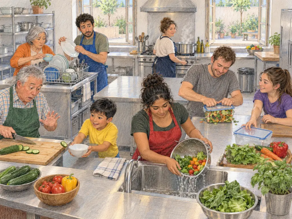 View from the entrance across a community teaching kitchen in Burlington on a humid July afternoon; open rear windows overlook a plain courtyard. Back centre, the instructor, a watchful woman about 45 in a navy apron, monitors a steaming pot, hand poised at the stove knob. Left foreground, a surprised man about 65 in a green apron pauses beside a cutting board as a cucumber slice rolls toward its edge. Left centre, an eager boy about nine in a yellow T-shirt holds an empty bowl beneath that edge. Centre foreground, a focused woman about 25 in a red apron tilts a colander of rinsed vegetables over the sink. Right centre, an amused man about 35 in a grey shirt tries to close an overfilled reusable lunch container. Right foreground, an encouraging girl about 16 in a purple top reaches for a larger empty container. Left background, a concerned woman about 70 in an orange cardigan steadies a small bowl perched on a packed drying rack. Centre-left, a hesitant man about 30 in a blue apron holds a wet plate above that rack. Leave everything plain, without lettering, signage, logos, identifiable branding or recognizable landmarks.