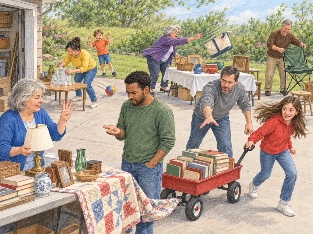 From beside a garage, look over a driveway sale in Kingston on a breezy June morning. At the left foreground table, Solveig, a woman around 60 in blue, patiently holds up four fingers beside a lamp. Facing her in the centre foreground, Rashad, a man around 30 in green, frowns at three coins in his palm. On the right foreground, a girl around 14 in red enthusiastically pulls a wagon overflowing with books; its front wheel approaches a quilt corner hanging from the table onto the driveway. A worried man around 40 in grey reaches toward the wagon from the right centre. At the left centre, a woman around 35 in yellow carefully arranges empty plastic cups; a rubber ball rolls toward them. A boy around eight in orange stands behind the ball in the left background, looking embarrassed with both hands raised. In the centre background, a woman around 70 in purple anxiously reaches for an empty tote lifting in a gust at a table edge. In the right background, a man around 50 in brown smiles while unfolding a chair. Include no writing, signs, logos or identifiable landmarks.