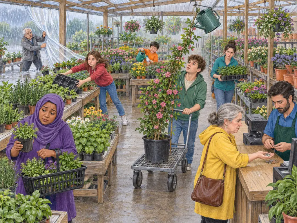 View diagonally through a covered garden centre in Abbotsford on a drizzly April afternoon, with rain visible beyond its open side. In the left foreground, Amina, a woman around 40 in purple, hesitantly holds an extra herb pot above her already full shopping basket. In the centre foreground, Tyler, a man around 20 in green, carefully pushes a cart carrying a tall flowering plant; a branch brushes a hanging watering can. At the right foreground, a tense woman around 60 in yellow offers a handful of coins across the checkout counter. Behind it at the right centre, a patient male cashier around 30 in blue counts them. At the left centre, a worried girl around 15 in red reaches for an empty plant tray tilting over a bench edge. In the centre background, a boy around nine in orange cheerfully pours water from a jug into a pot. At the left background opening, a concerned man around 70 in grey grips a translucent curtain billowing toward small pots. In the right background, an impatient woman around 30 in teal holds a flat of seedlings behind Tyler's cart in the narrow aisle. All surfaces and containers are unmarked; include no writing or logos.