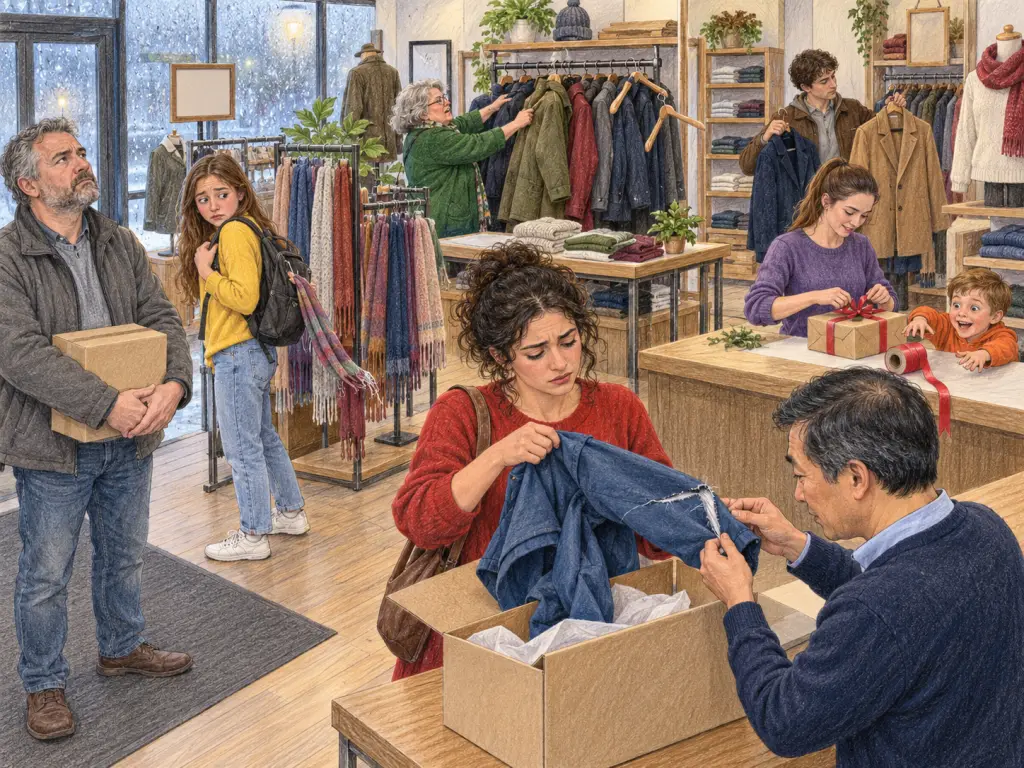 Entrance-level view of a clothing store in Sherbrooke on a rainy October afternoon; droplets cover the front window. In the centre foreground, Leila, a woman around 30 in red, disappointedly holds up a blue jacket with a torn sleeve seam above an open plain delivery carton. Behind the counter at the right foreground, Rui, a male employee around 40 in navy, patiently examines the tear. At the left foreground, an impatient man around 50 in grey waits with a closed plain parcel. At the left centre, a worried girl around 15 in yellow grips her backpack strap, which has caught a scarf on a display; the scarf is sliding downward. In the centre background, a woman around 60 in green looks frustrated while pulling a coat from a crowded rack, leaving two neighbouring hangers slipping off the rail. In the right background, a thoughtful man around 20 in brown compares two coats. At the right centre counter, a sales associate, a woman about 25 wearing purple, concentrates on wrapping a package with ribbon; the loose ribbon roll balances at the edge. Beside it, a delighted boy around seven in orange reaches towards the roll. No writing, labels, signs or logos.