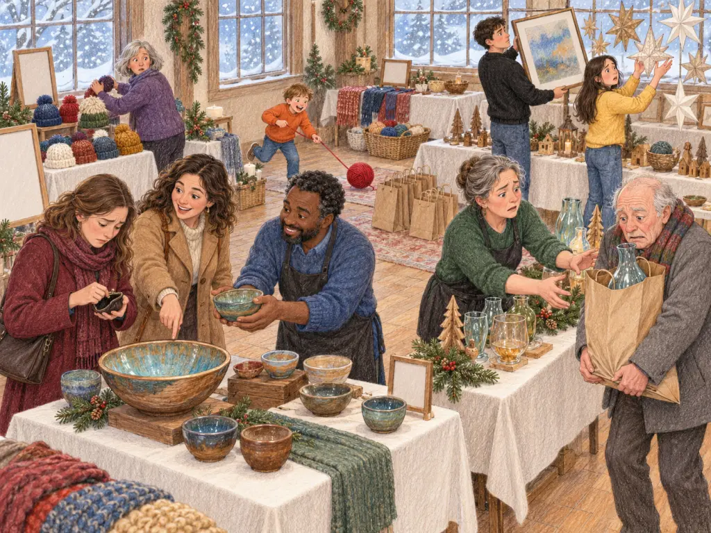 View from a raised corner across an indoor craft market in Stratford on a snowy December afternoon, with snow visible through windows. In the left foreground, Erin, a woman around 30 in burgundy, doubtfully studies her open coin purse beside a large handmade bowl. Beside her, a smiling woman around 30 in tan points enthusiastically at that bowl. Across the centre foreground table, Emeka, a male seller around 40 in blue, encouragingly offers a smaller bowl. In the right foreground, a worried man around 70 in grey carries a glass vase inside a paper bag whose bottom is visibly stretching. At the right centre, a concerned female seller around 50 in green reaches towards his bag with both hands. In the centre background, a delighted boy around eight in orange pulls yarn from a ball rolling towards a stack of paper gift bags. At the left background, a woman around 60 in purple pauses while stacking knitted hats and turns towards the ball. In the right background, a man around 20 in black uncertainly tilts a wide, unmarked framed print towards hanging paper stars. Beside him, a worried girl around 16 in yellow reaches towards the stars. No writing, signs or logos.