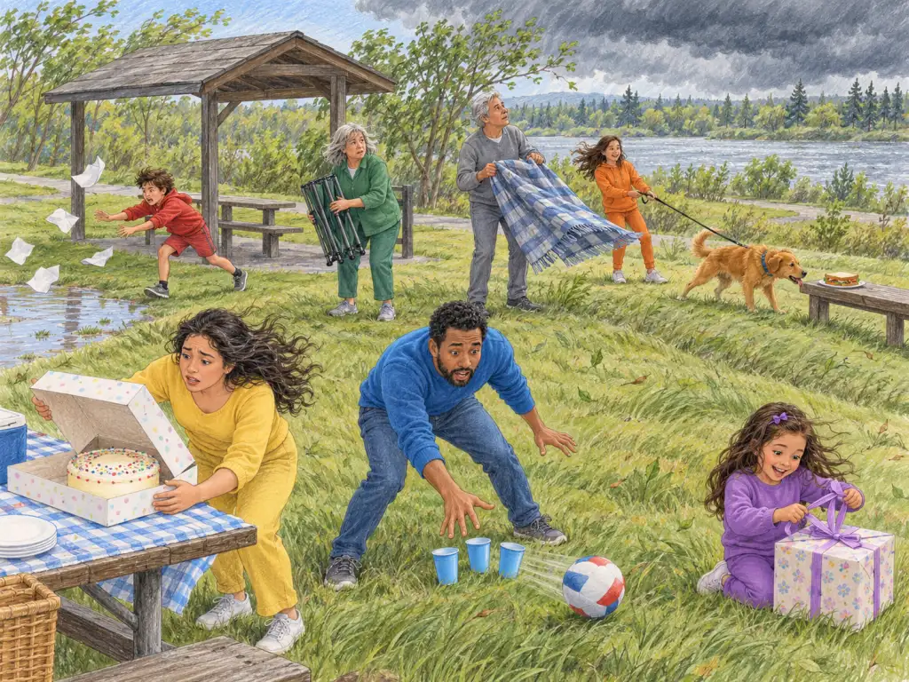 From a grassy rise, show a Calgary park during a breezy June birthday picnic; only one end of the table fits beneath a small shelter. Seven people attend the six-year-old girl's birthday. Left foreground: Layla, a worried woman in her thirties wearing yellow, braces an open box containing a round iced cake as wind lifts its lid. Centre foreground: Marcus, an alarmed man in his thirties wearing blue, reaches toward three empty cups as a ball rolls toward them. Right foreground: the delighted birthday girl in purple pulls a ribbon on a wrapped gift. Left middle ground: a frustrated ten-year-old boy in red chases napkins drifting toward a puddle. Centre middle ground: a hesitant woman around sixty in green holds folded chairs beside the cramped shelter. Right middle ground: a worried man around sixty in grey holds a partly spread blanket while watching dark clouds. In the background, an amused fifteen-year-old girl in orange holds a taut dog leash; the dog eyes a sandwich on a low bench. No text, signs, logos or recognizable landmarks.