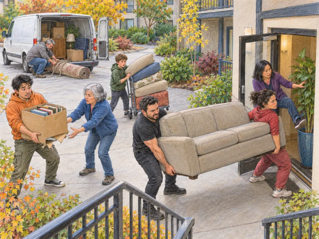 From an upper landing, look across an apartment courtyard in Nanaimo on a dry October afternoon. Six friends are helping Carmen move into her apartment; seven people are visible. Centre foreground: Andrei, a strained man in his thirties in black, grips one end of a sofa. Right foreground: Carmen, a determined woman in her thirties in red, carries its other end toward the open lobby doorway; the sofa currently exceeds the opening's width. Right middle ground: a purple-clad woman of about forty looks concerned as she holds the door with her foot, reaching toward a potted plant partly blocking it. Left foreground: a worried man in his twenties in orange holds a book-filled cardboard box by its sides; its bottom seam is peeling open. Left middle ground: an alert woman around sixty in blue reaches under the box. Centre middle ground: an apprehensive thirteen-year-old boy in green steadies a cart with a tall cushion stack leaning right. In the background, a frustrated man around fifty in grey crouches beside a van, tying cord around an uncurling rolled rug. Keep every surface unlettered and unbranded, and omit identifiable landmarks.
