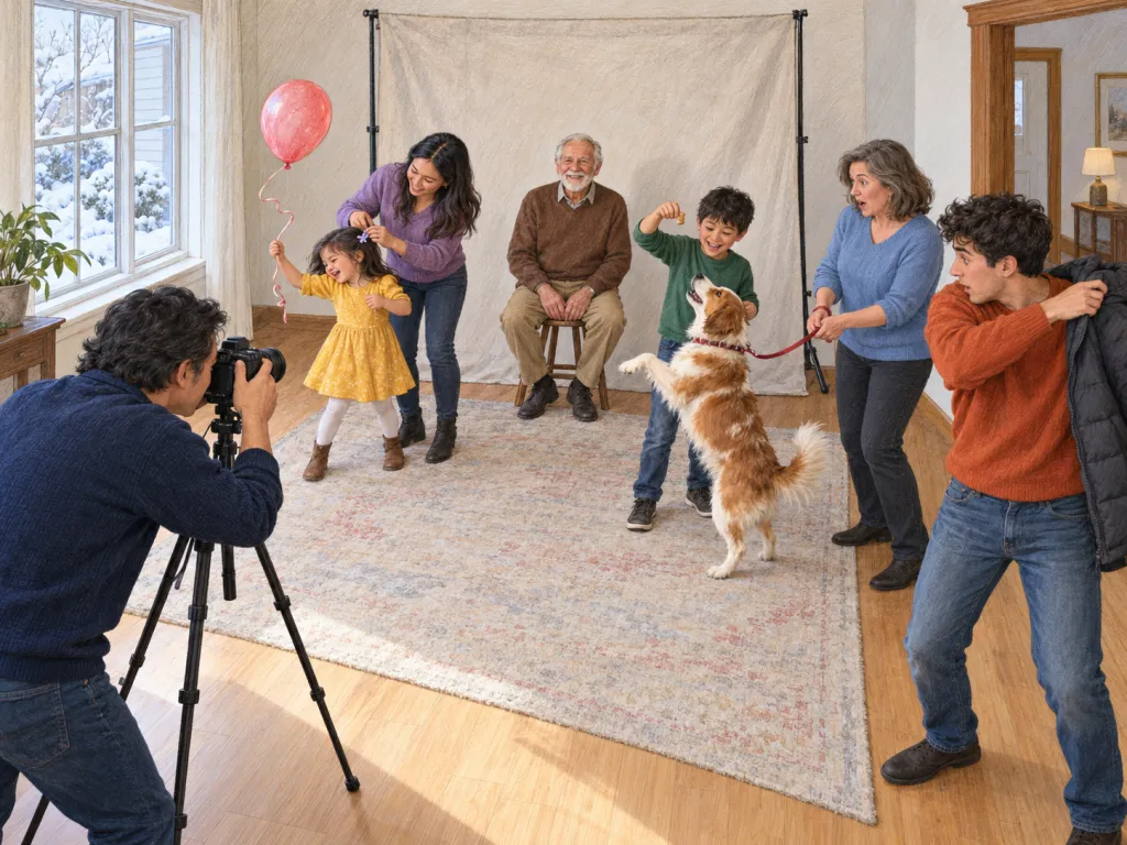Elevated corner view of a compact Hamilton townhouse hall on a snowy January morning; snow collects outside a side window. Seven people prepare a family portrait. A plain fabric backdrop hangs against the rear wall, facing the viewer. In the left foreground, Ikaika, a focused male photographer around forty in navy, peers through a tripod-mounted camera aimed diagonally toward the backdrop; his finger hovers over the shutter. Centre background: Ronan, a grandfather around seventy in brown, sits smiling on a stool in front of the backdrop, facing the camera. Left middle ground: his restless five-year-old granddaughter in yellow grips a balloon ribbon whose wrist knot is opening. Beside her, her patient mother, around thirty in purple, reaches to fasten a hair clip while the child turns away. Centre middle ground: an excited ten-year-old boy in green holds a treat above a dog whose front paws are lifting. Right middle ground: a surprised female relative around fifty in blue holds its taut leash. Right foreground: a flustered male relative around twenty in orange struggles into a jacket, one arm through a sleeve. No text, logos or symbols.