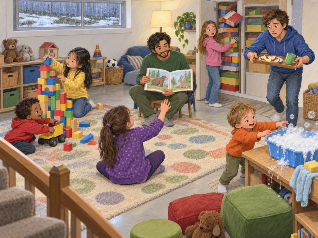 View from the stairs across a basement playroom in Sherbrooke on a rainy March afternoon; through a high window, show rain and melting snow at ground level outside. Two friends babysit five children. Centre middle ground: Felipe, a man around thirty in green, sits smiling on a low chair with an open picture book containing only illustrations. Centre foreground: an impatient seven-year-old girl in purple raises her hand toward him. Left foreground: an excited four-year-old boy in red pushes a toy truck directly toward a tall block tower. Left middle ground: a concentrated six-year-old girl in yellow adds a block to that tower. Right middle ground: Jordan, a man in his twenties wearing blue, anxiously balances a tilted snack tray containing apple slices and a cup sliding toward its edge. Right foreground: a grinning three-year-old boy in orange reaches toward an open tub of soapy bubbles tipping near a low table's edge. In the background, a concerned nine-year-old girl in pink stands beside a partly open cupboard overflowing with board-game boxes; one box tilts outward. Use unmarked toys and clothing, with no readable characters or branding.
