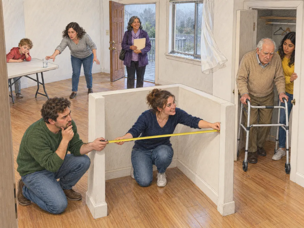 View diagonally from a kitchen doorway across a largely unfurnished North Bay rental apartment on a drizzly October afternoon. Seven people attend a viewing. Centre foreground, Chloé, a woman around 30 in navy, stretches a measuring tape across an alcove, looking excited. Left foreground, Cillian, a man around 30 in green, holds its other end with a puzzled expression; the tape stays entirely within the alcove. Centre background, a woman around 50 in purple smiles beside the open front door, holding a blank folder. Beside her, rain blows through an open window onto its interior sill. Right foreground, a man around 70 in beige grips his walker and frowns at a passage narrowed by an open closet door. Right middle ground, a woman around 20 in yellow holds that door's handle, watching him worriedly. Left background, a distracted boy around eight in red leans on a folding table; its surface tilts towards a water cup near its lower edge. Left middle ground, a concerned woman around 40 in grey reaches towards the cup. No writing, signs, logos, brands or landmarks.