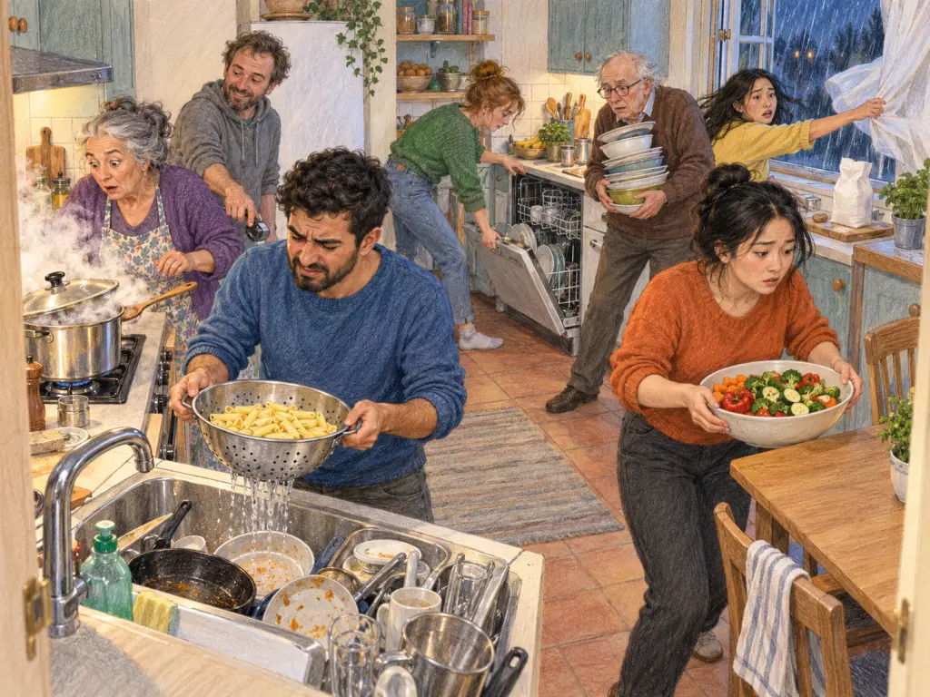 From the dining-room doorway, show a shared rental kitchen in Surrey on a wet November evening; rain shows through an open window. Seven housemates prepare supper in limited space. Centre foreground, Reza, a man around 30 in blue, holds a colander of cooked pasta above a sink crowded with dishes, looking frustrated. Right foreground, Xin, a woman around 30 in orange, carries a wide bowl of chopped vegetables towards a clear table corner, worried about the narrow aisle. Left foreground, a woman around 60 in purple watches a covered pot on the stove, her eyes widening as steam lifts its rattling lid. Left middle ground, an amused man aged about 40, wearing grey, extends a hand towards the stove control. Centre background, a focused woman around 20 in green pulls the dishwasher door open into the aisle. Right middle ground, an uncertain man around 70 in brown balances a leaning stack of bowls beside that door. Right background, a woman around 25 in yellow anxiously reaches for a curtain billowing from the window towards an open flour bag on the counter. No writing, signs, logos, brands or landmarks.