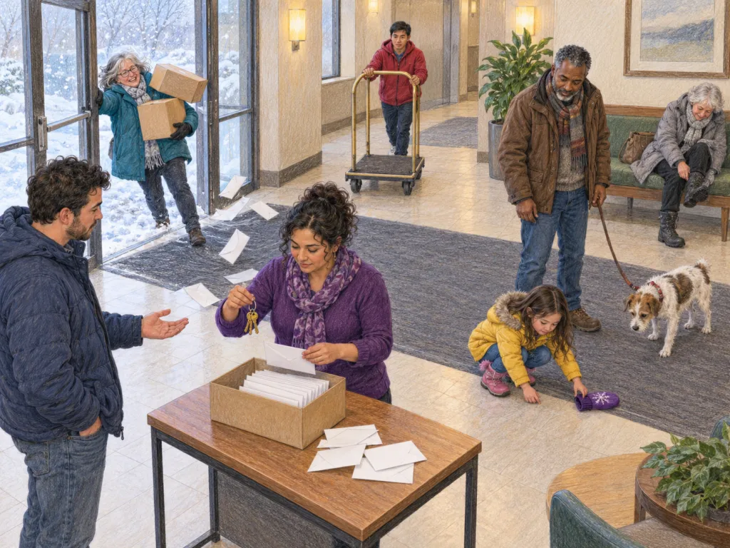 View diagonally across a Winnipeg apartment lobby during a replacement-key handout on a snowy February afternoon. Seven residents occupy the entrance area. Centre foreground, Dalia, a woman around 40 in purple, concentrates behind a small table, holding a key ring above an open box of blank envelopes. Loose blank envelopes near the table's edge lift in a gust from the open front door. Left foreground, an impatient man around 30 in navy waits with one palm extended towards Dalia. Left background, Freya, a woman around 60 in teal, pushes the front door inward with her shoulder while balancing two parcels; the upper parcel slips sideways, and her smile looks strained. Centre background, a focused man around 20 in red pushes an empty luggage cart towards the entrance along a clear route. Right foreground, a distracted girl around seven in yellow crouches beside a mitten on the floor. Right middle ground, an alert man around 50 in brown holds a slack leash attached to a small dog staring at the mitten. Right background, a woman around 70 in grey sits on a bench, struggling to remove a boot. No writing, logos, brands, signs or landmarks.