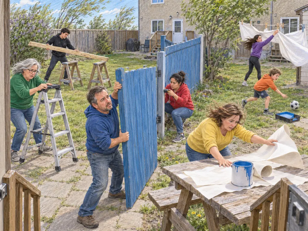 View from a back doorway across the shared yard of a rental fourplex in Lethbridge on a gusty May afternoon. Seven tenants and helpers work around a fence. Centre foreground, Étienne, a man around 40 in blue, grips a loose, freshly painted blue fence panel upright, looking worried. Centre middle ground, Gabriela, a woman around 30 in red, concentrates on a hinge at its post with a screwdriver. Left foreground, a woman around 60 in green frowns while steadying an empty stepladder; one foot lifts off uneven paving. Left background, a tense man around 20 in black holds a long plank horizontally above two empty trestles, ready to lower it. Right foreground, a woman around 40 in yellow leans over a picnic table, anxiously trying to catch curling blank protective paper beside an open paint can. Right middle ground, a concerned boy around ten in orange chases a ball rolling towards an open paint tray. Right background, a girl around 14 in purple hurriedly unclips a white sheet from a clothesline as it flaps towards the wet fence. No writing, signs, logos, brands or landmarks.